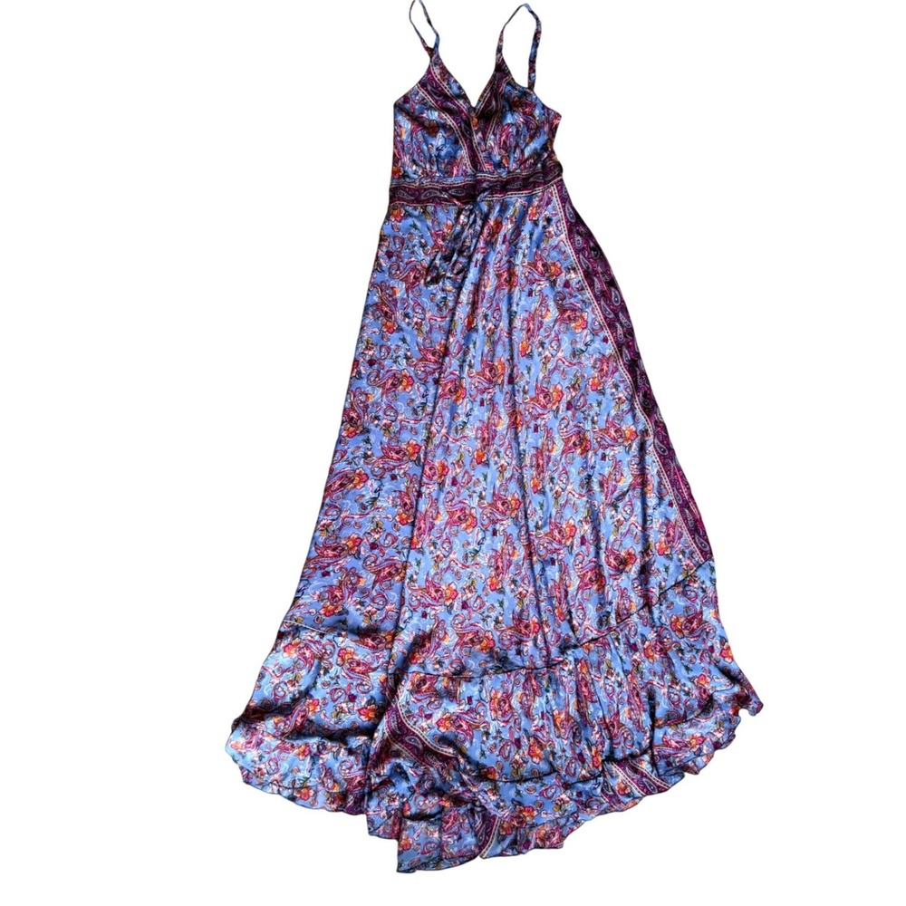 Silk Paisley Floral Maxi Dress Blue Pink Boho Fairy Ethereal Mermaid Luxury Sm - Picture 7 of 10